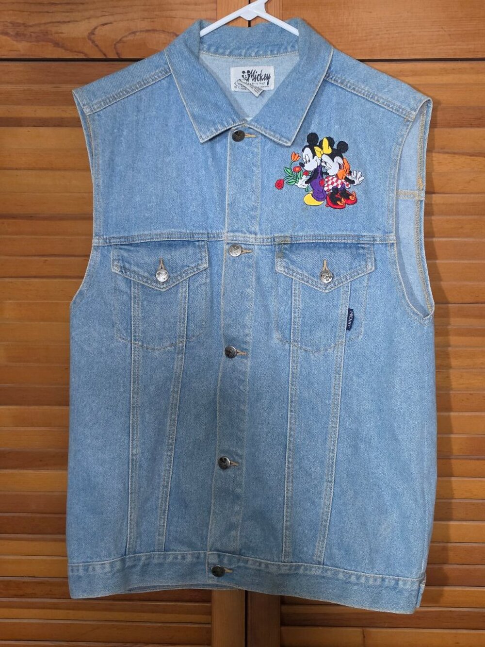 Mickey Jerry Leigh Denim Vest 100% Cotton Embroidered Mickey Minnie Blue Large